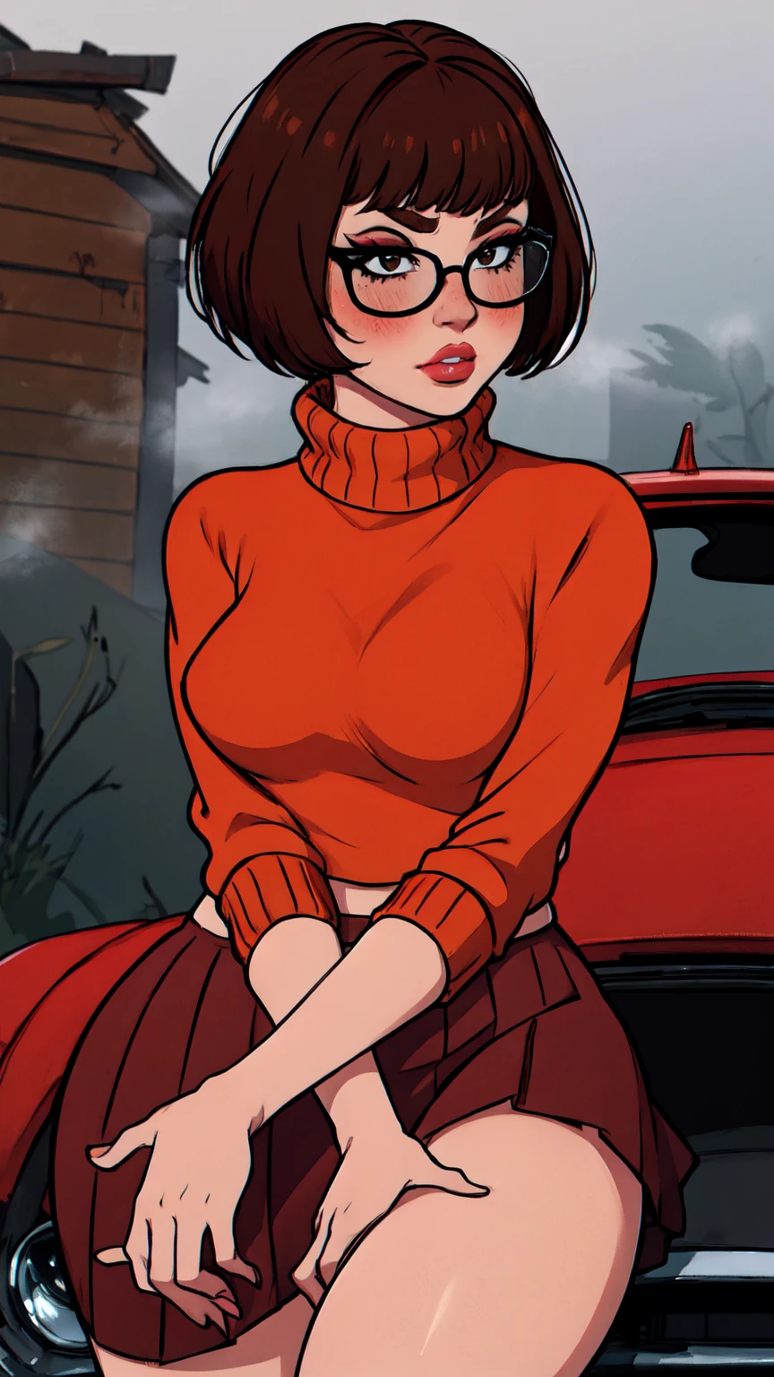 1girl, Velma from scooby-doo, solo, skinny, brown hair, black eyes, square glasses, orange turtleneck blouse and red skirt, eyeliner, looking at viewer, lips, black bob cut, blunt bangs, blush, standing, upper body, face focus, outdoors, horror \(theme\), night, fog egirlmakeup, sitting on the car, garage background