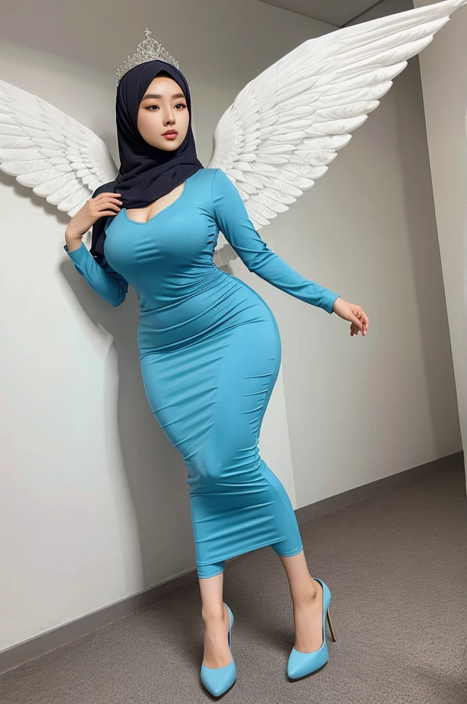 Beautiful korean woman wearing a hijab and tight dress showing curves and High heels wearing a crown with angelic wings