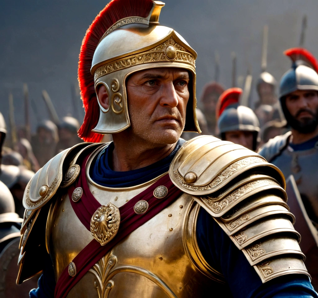 The painting depicts Pompey the Great, the esteemed Roman general and statesman, the focus is primarily on his face, highlighting his noble and weathered features, his eyes express wisdom and determination, his nose is prominent and straight, his mouth firm with thin lips, his hair is short and curly, now streaked with gray, his expression is serious, reflecting the authority and gravity of his responsibilities, lines and wrinkles mark his forehead and around his eyes, indicating his age and the burdens he has borne, Pompey is wearing an ornate Roman helmet, made of bronze and decorated with intricate details, an impressive red crest atop the helmet adds an air of grandeur, the lower part of the helmet covers his cheeks, leaving only his face visible, the helmet reflects the light, standing out against the darker background, his shoulders are protected by a leather armor reinforced with metal, typical of Roman generals.

In his right hand, Pompey holds a gladius, the traditional Roman sword, its blade gleaming with sharp precision, the hilt is intricately designed, indicating his high status. The light softly hits the right side of his face and sword, creating a play of shadows that enhances his resolute expression.

In the background, the Battle of Pharsalus unfolds, a chaotic and intense scene painted with meticulous detail, soldiers clash with swords and shields, the dust of battle rising into the air, creating a hazy backdrop, banners and standards are visible amidst the fray, adding to the sense of historical realism, the sky above is dark and tumultuous, mirroring the intensity of the battle below.

The background contrasts with Pompey's composed and focused demeanor, his direct and penetrating gaze seems to pierce through the canvas, giving the artwork a sense of realism and power, the style reflects Renaissance influences, with attention to anatomical accuracy and the use of chiaroscuro to create depth and volume, adding a timeless quality to the portrayal o