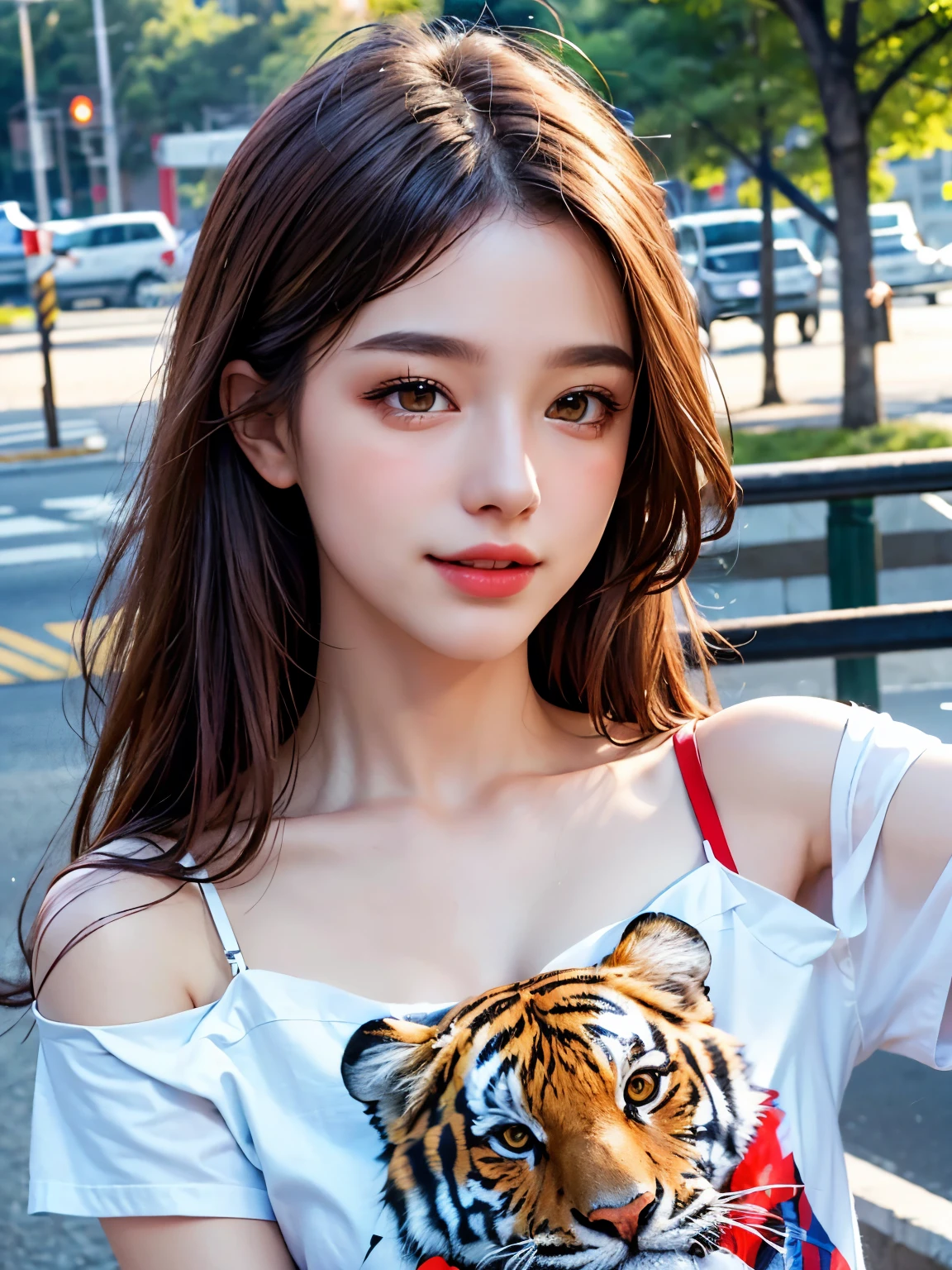 Tiger print T-shirt、Paw Shot、Highest quality, masterpiece, Ultra-high resolution, (Realistic:1.4), RAW Photos, One Girl, Off the shoulder, Dazzling Smile, Deep Shadow, Moderate, roadside,walk, 20-year-old,Cute face, Tight shirt,(head shot:1.5)