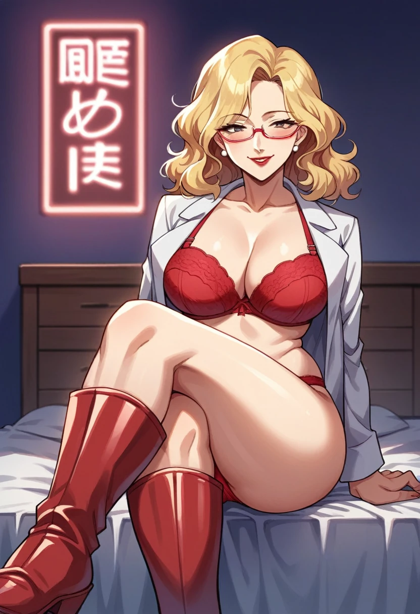 score_9, score_8_up, score_7_up, source_anime, rating_explicit, milf woman, Shion Karanomori based, blonde short wavy hair, encorped, white jacket, red boots, naughty smile, red glasses, red liptcik, red bra, red panties, sit, crossed legs, in bed, room background, milf, night, red neon lights