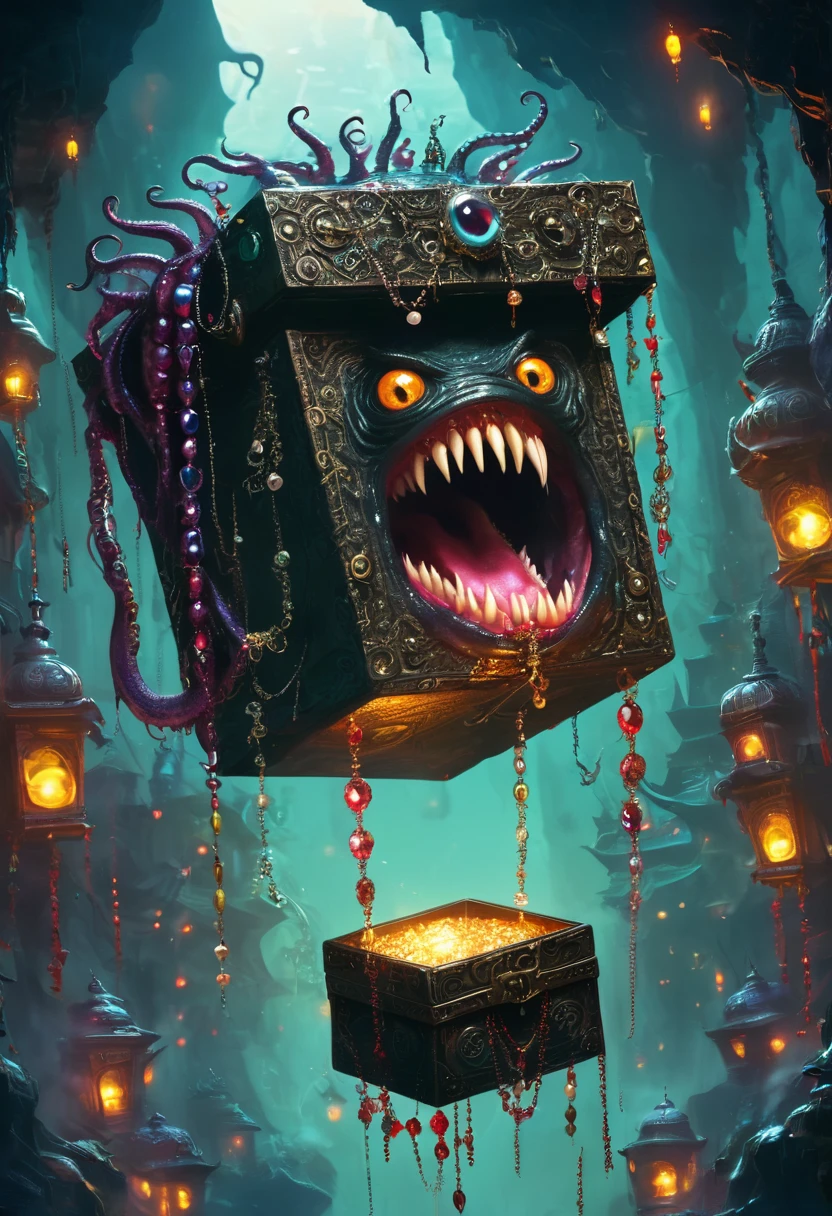 dark，fear，Strange box monster full of jewels - one eye - sharp teeth - ugly，Long tentacles，Scattered jewelry,greedy