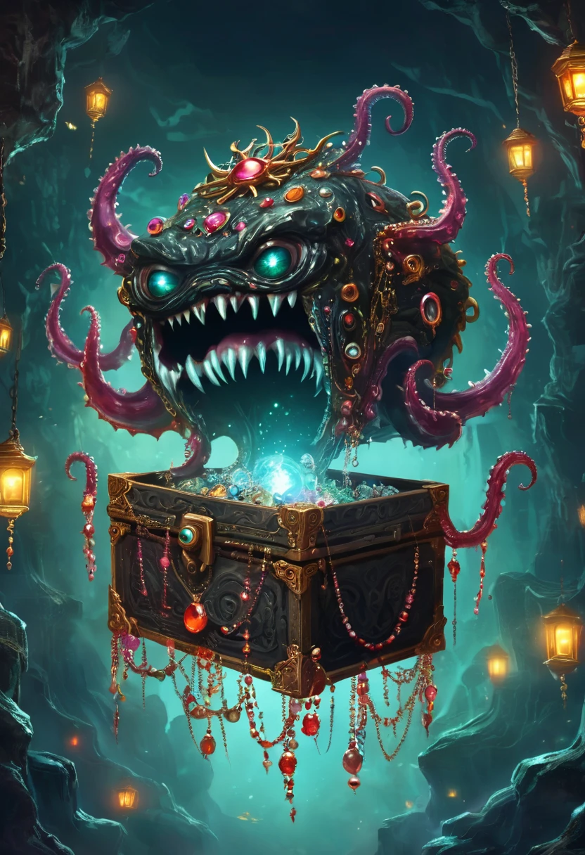 dark，fear，Strange box monster full of jewels - one eye - sharp teeth - ugly，Long tentacles，Scattered jewelry,greedy