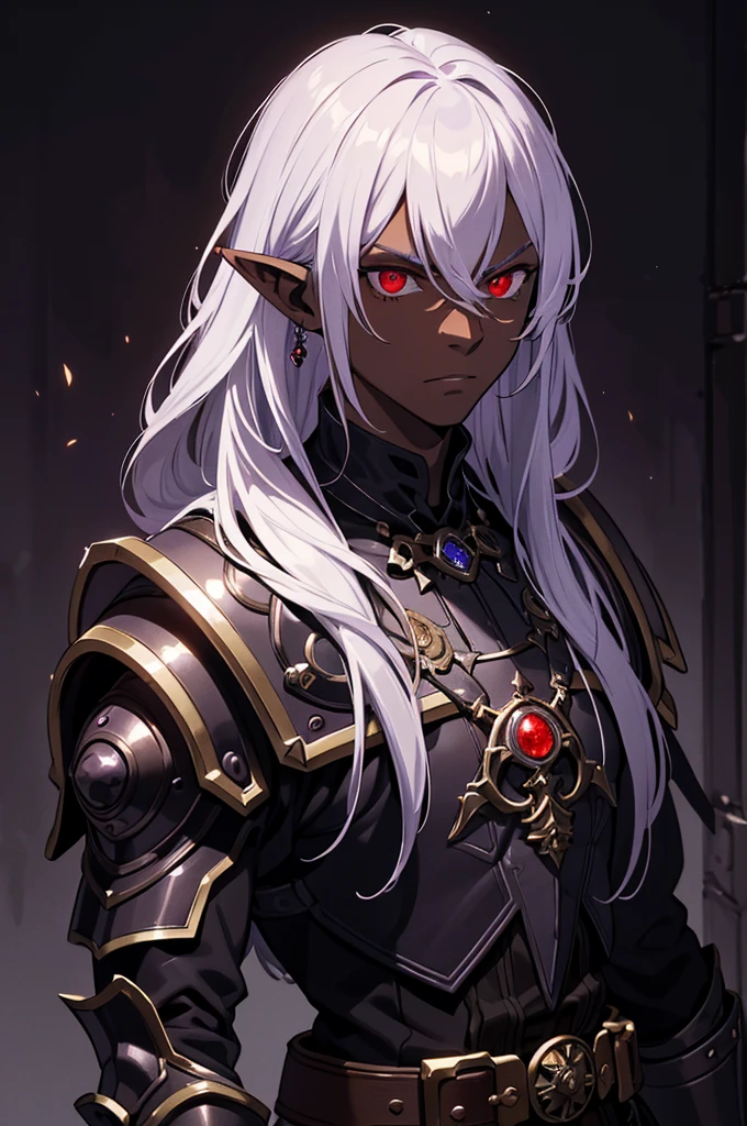 masterpiece, best quality, ultra high res, dark theme, 1boy, (mix between dungeonpunk and steampunk armor), (wearing armor)fantasy illustration, dark skinned, human, upper body, portrait, red eyes, long white hair, half-drow, pointy ears, serious face, young man, dramatic lighting, purple hue, art by Kinema Citrus