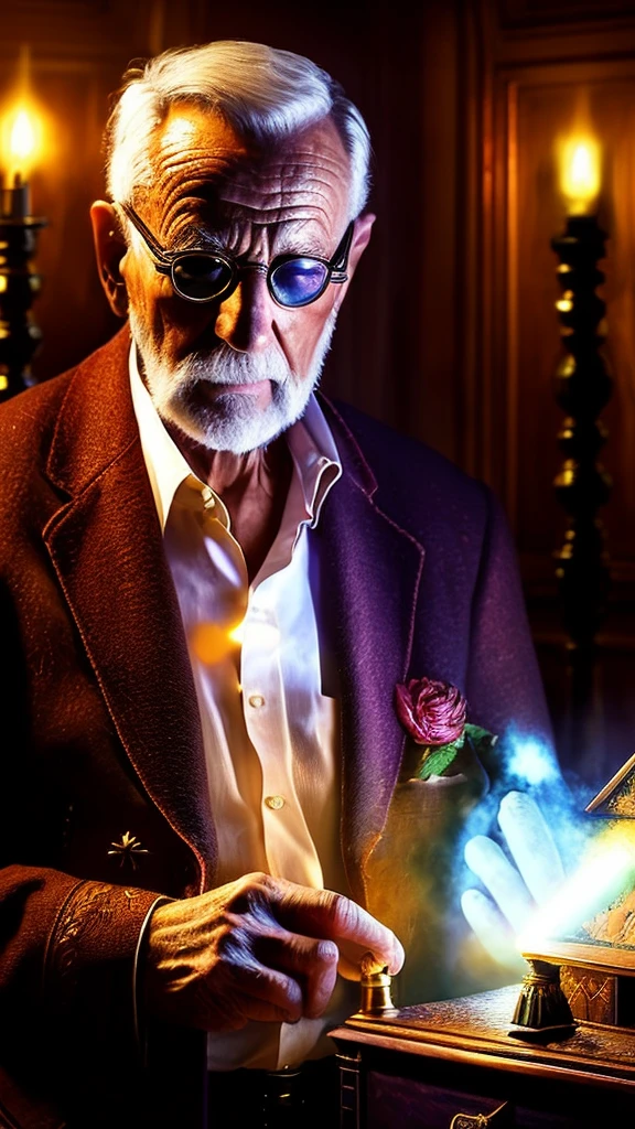A senior man opening a mimic chest, intricate detailed fantasy scene, highly detailed, ultra-realistic, photorealistic, 8k, masterpiece, cinematic lighting, dramatic shadows, vivid colors, fantasy, magical realism, dark atmosphere, dramatic, elderly man, old man, curious, ancient chest, mimic chest, fantasy elements, ornate details, dark wood, brass fittings, glowing energy, magical energy, mystical, atmospheric, moody, brooding