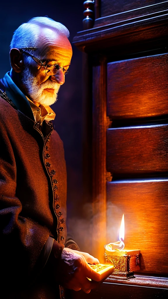 A senior man opening a mimic chest, intricate detailed fantasy scene, highly detailed, ultra-realistic, photorealistic, 8k, masterpiece, cinematic lighting, dramatic shadows, vivid colors, fantasy, magical realism, dark atmosphere, dramatic, elderly man, old man, curious, ancient chest, mimic chest, fantasy elements, ornate details, dark wood, brass fittings, glowing energy, magical energy, mystical, atmospheric, moody, brooding
