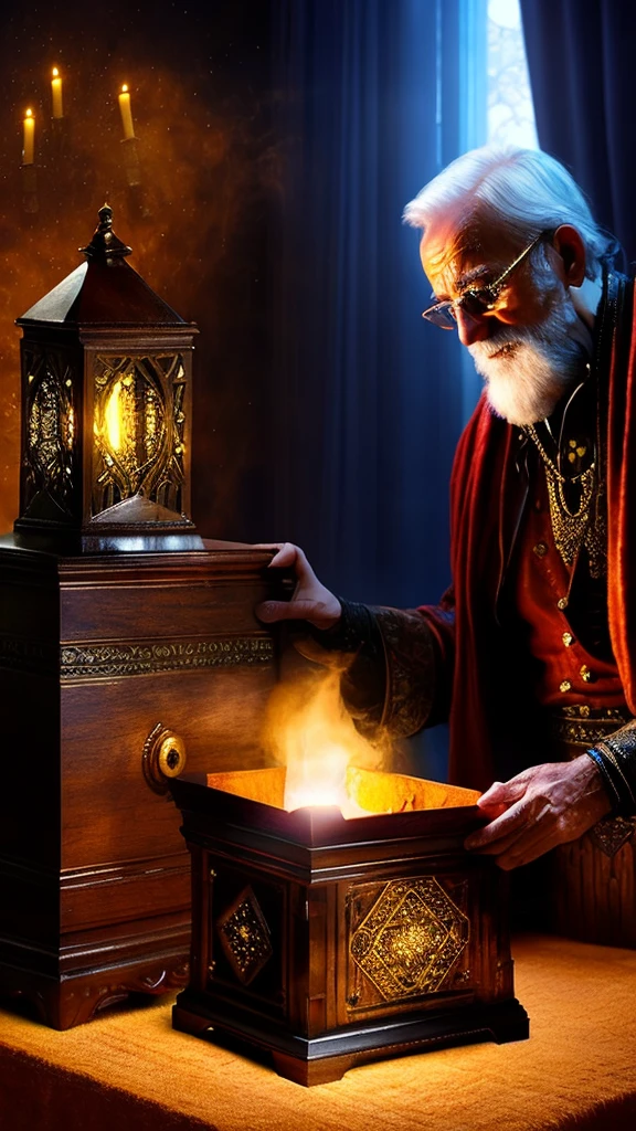 A senior man opening a mimic chest, intricate detailed fantasy scene, highly detailed, ultra-realistic, photorealistic, 8k, masterpiece, cinematic lighting, dramatic shadows, vivid colors, fantasy, magical realism, dark atmosphere, dramatic, elderly man, old man, curious, ancient chest, mimic chest, fantasy elements, ornate details, dark wood, brass fittings, glowing energy, magical energy, mystical, atmospheric, moody, brooding