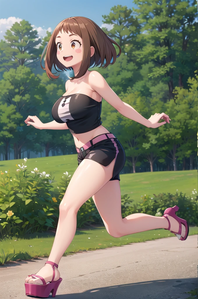 masterpiece, best quality, highres, hmochako, blush stickers, short hair, extra large breasts, pink strapless croptop, ((open-toe platform high heels)), tight booty shorts, smile, open mouth, running, forest background, legs spread apart