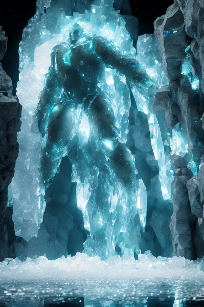 A giant golem made of transparent glass, with veins of luminous energy running through his body. He is standing in an underground cave filled with crystal stalactites and stalagmites.. Your heart, a giant gem, pulses with white light, lighting the cave. The ground is covered in glass shards and shiny minerals.. The atmosphere is magical and silent. nft nfts image