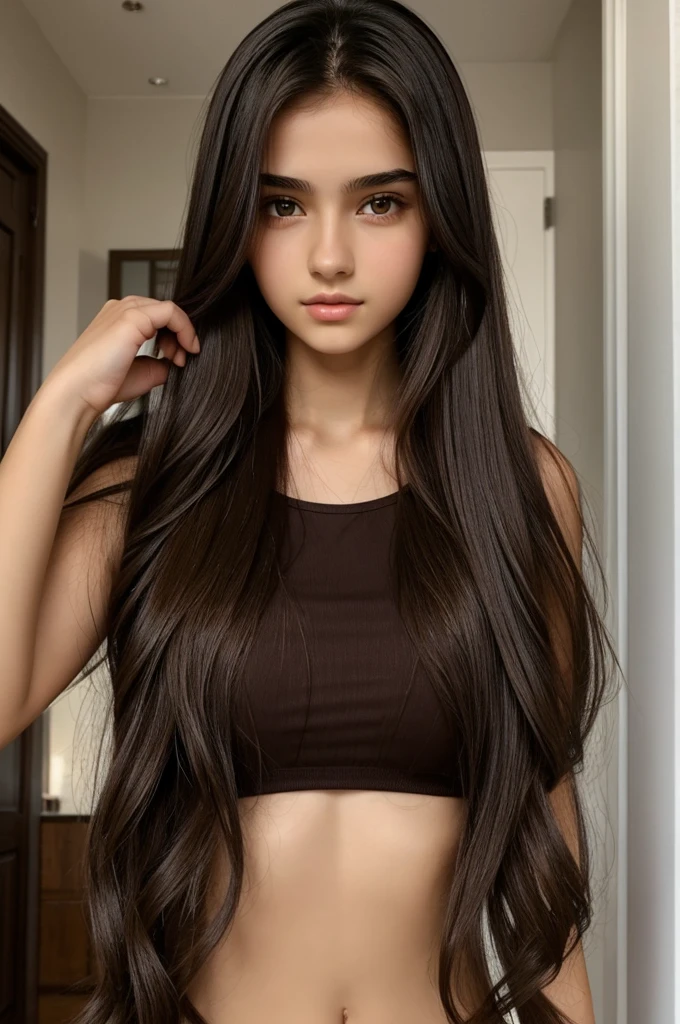 16 year old girl, long dark hair, thin face, slightly thick lips, large almond-shaped dark chocolate eyes, his dominant look, hourglass and slim body, brunette skin,