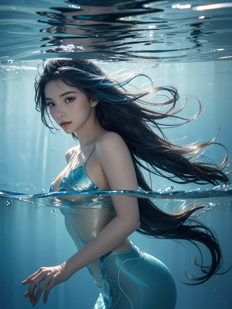 (best quality), (masterpiece), a beautiful woman underwater, Front view, (blue water:1.3), (flowing hair:1.2), (graceful:1.1), (serene expression), (subtle lighting), (ethereal atmosphere), (natural beauty), (vibrant colors:1.2), (water reflections), (detailed composition)