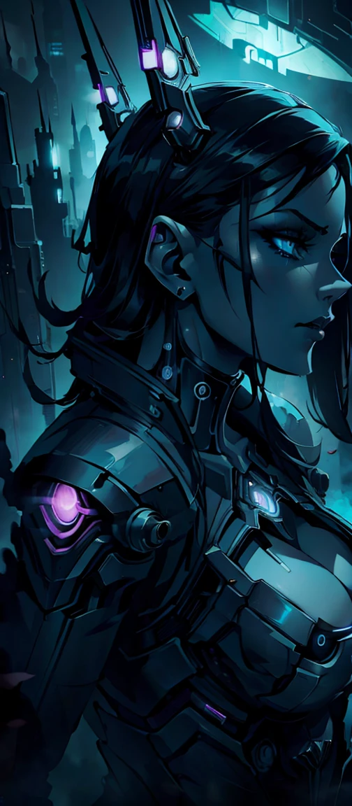 A sexy female cyborg from Cybertron, cyberpunk goth style, highly detailed portrait, dramatic lighting, intricate machinery, neon colors, moody atmosphere, cinematic composition, hyper-realistic, 8k, photorealistic, masterpiece