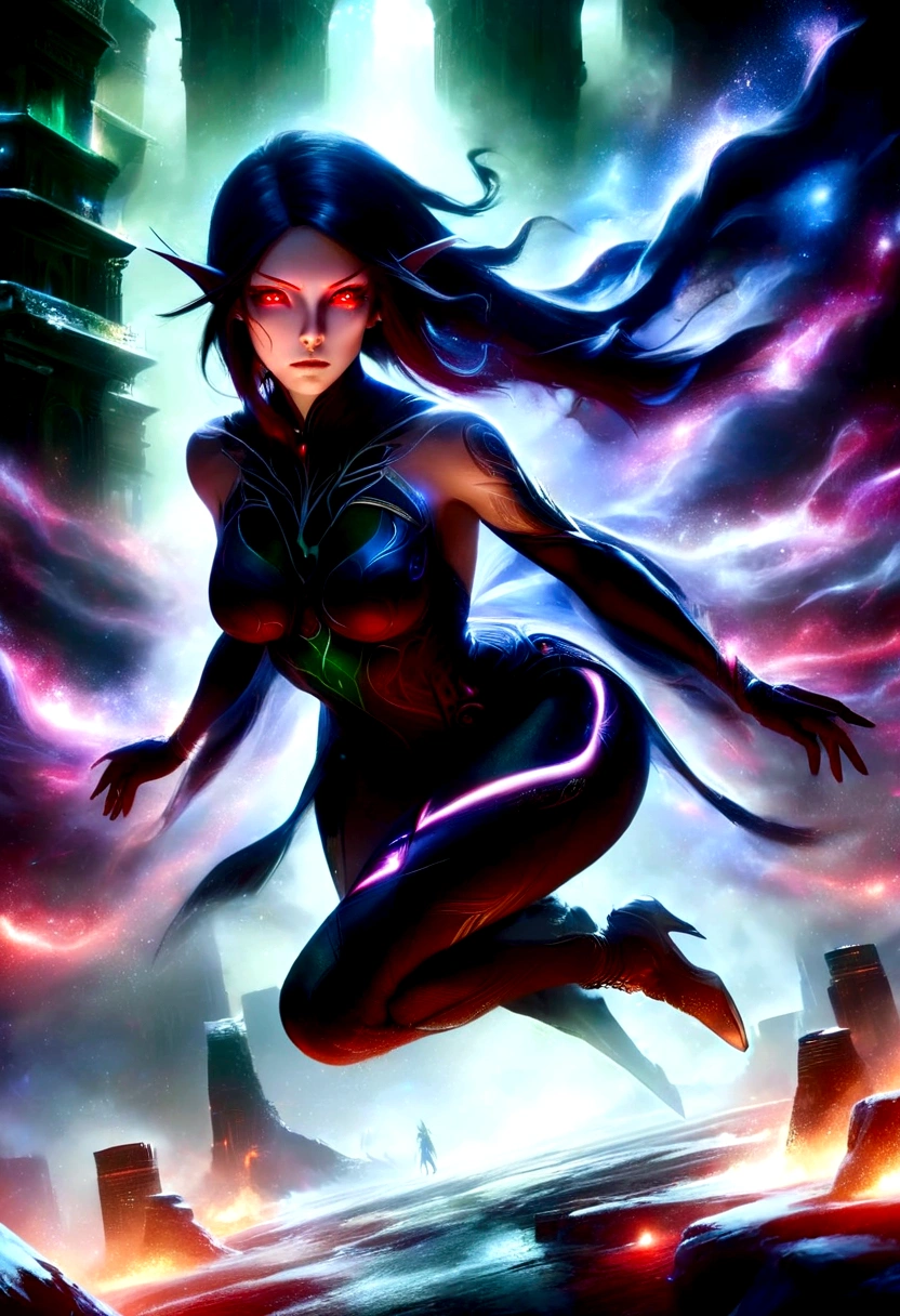 red eyes, sylvanas_windrunner, cinewow, 1girl, elf, will be depicted in the futuristic world of "Aeon Flux". The artwork will be created using the medium of digital illustration. The image quality should be at its best, with a resolution of 4k or 8k. It should be ultra-detailed and have a realistic, photorealistic appearance. The colors should be vivid and the lighting should be carefully designed to enhance the overall atmosphere of the scene. In the artwork,red eyes, sylvanas_windrunner, cinewow, 1girl, elf, character will be portrayed with beautiful, detailed eyes and lips. Her face will be extremely detailed, capturing her unique features and expressions. She will be shown in a dynamic pose, reflecting her strong and confident personality. The background will be a futuristic cityscape, showcasing the sci-fi elements of the "Aeon Flux" universe. The city will be presented in a dark and moody color palette, with neon lights illuminating the streets. The composition will have a strong sense of depth, with layers of buildings and structures creating a visually striking image. The artwork will have a professional and polished look, with sharp focus and ultra-fine painting details. The use of HDR and studio lighting will further enhance the realism of the scene. The overall style of the artwork will be influenced by concept artists, combining elements of science fiction and dystopia. The final result should be a masterpiece that captures the essence of "Aeon Flux" and portrayal of the red eyes, sylvanas_windrunner, cinewow, 1girl, elf, iconic character.