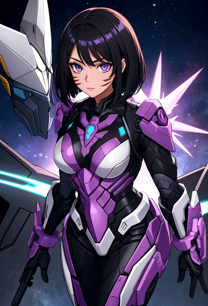 Transformers Prime Fembot VehiconHoloform Appearance:
Gender: Female
Age: Appears to be in her late 20s
Height: 5'9"
Hair: Black, short, and styled in a sleek bob cut
Eyes: Dark purple
Clothing: Black tactical gear with purple accents, combat boots, and a Decepticon insignia subtly incorporated into the design
Extras: A faint scar on her left cheek, similar to the one on her optic