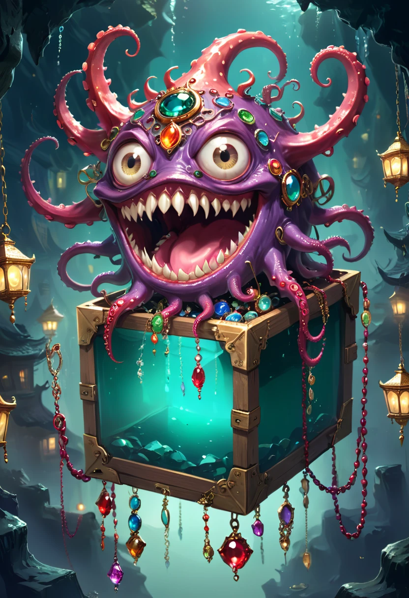 Strange box monster full of jewels - one eye - sharp teeth - ugly,Long tentacles,Scattered jewelry,greedy