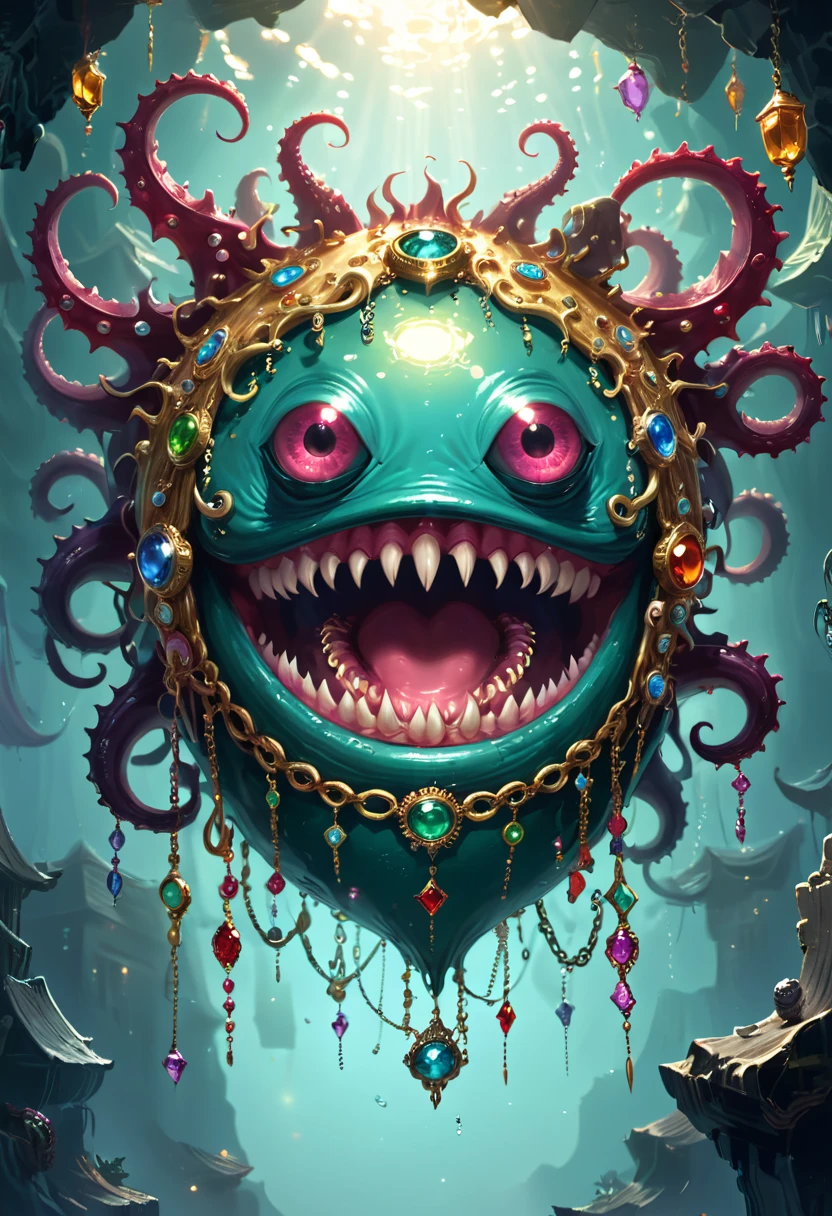 Strange box monster full of jewels - one eye - sharp teeth - ugly,Long tentacles,Scattered jewelry,greedy