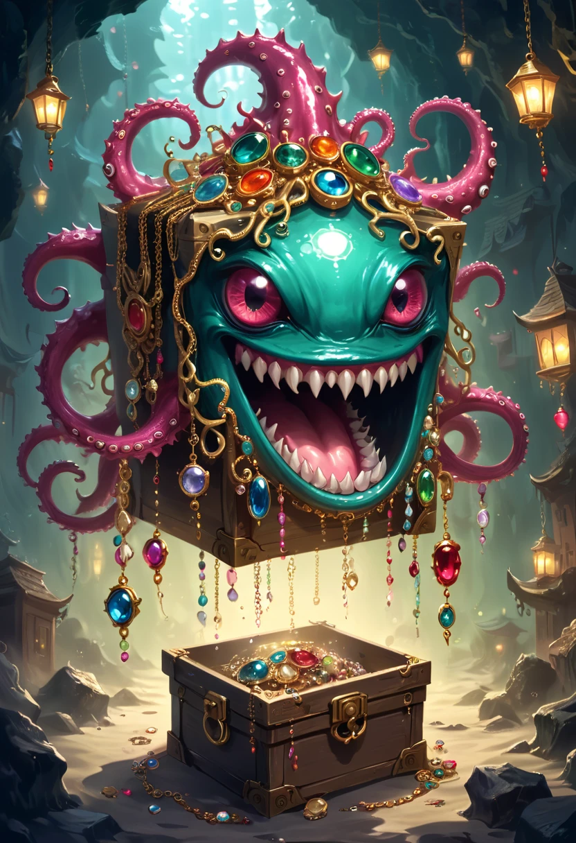giant octopus lay on old couch, multi many eyes, fractal tint tentacles, smooth shiny colorfully skin, lots of stuffed gems and various clutter and mess in background, intricate, highly detailed