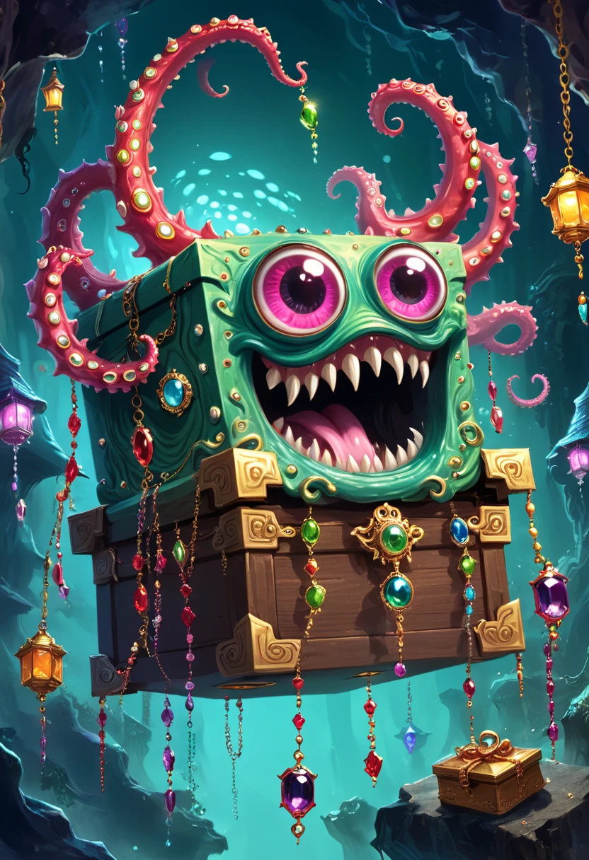 Strange box monster full of jewels - one eye - sharp teeth - ugly,Long tentacles,Scattered jewelry,greedy