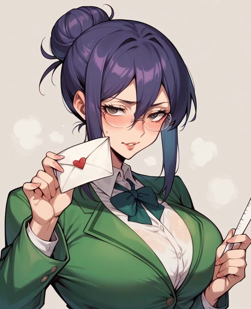 Mature woman, Highschool teacher outfit, blushing, holding a love letter to the viewers, hair in a bun, glasses