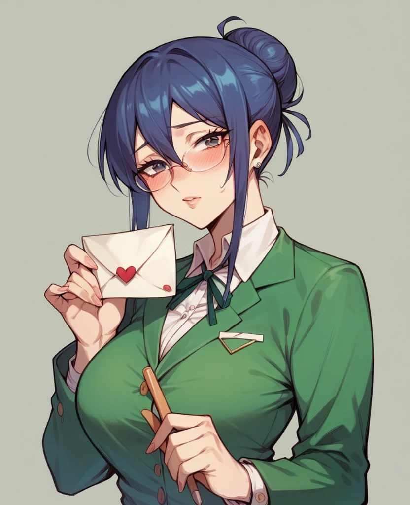 Mature woman, Highschool teacher outfit, blushing, holding a love letter to the viewers, hair in a bun, glasses