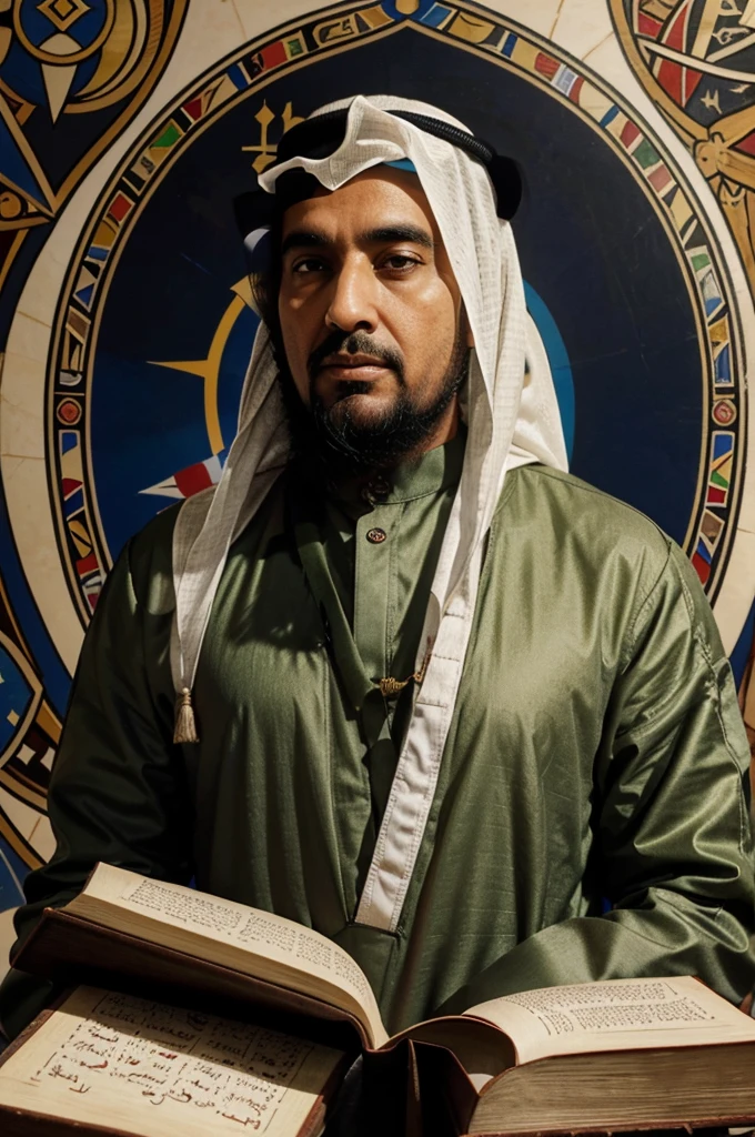 Image of Sheikh Ahmad bin Muhammad bin Nasr in a mural or large painting, surrounded by symbols of knowledge and wisdom. Underneath, there is an inscription honoring him as a great scholar who passed on the Book of Tijan.