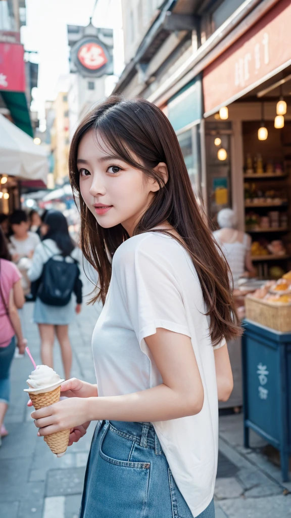 Create a highly detailed image of a young woman enjoying vanilla ice cream。The scene is an urban environment、Possibly set in a busy street or market。The woman is placed in the center、The figure is angled slightly upwards to emphasize the face as he licks the ice cream.。Her characteristics include:、Long dark brown hair with subtle waves、Large, expressive eyes、Includes subtle makeup to accentuate your natural beauty。Her skin is brighter、A healthy flush to the cheeks、Shows excitement or joy。She is wearing a light denim jacket over a white top.、Gives a casual yet stylish impression。Ice cream cone is detailed、Smooth and creamy vanilla ice cream served on a crunchy cone、It is wrapped in pale blue paper with a cute character on it.。In the background there are blurred colorful store fronts and pedestrians.、Capture a lively atmosphere without distracting from the focal subject。Soft natural lighting enhances the warmth and joy of the entire scene.。