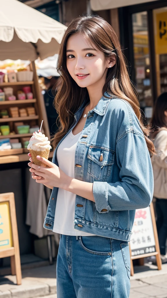 Create a highly detailed image of a young woman enjoying vanilla ice cream。The scene is an urban environment、Possibly set in a busy street or market。The woman is placed in the center、The figure is angled slightly upwards to emphasize the face as he licks the ice cream.。Her characteristics include:、Long dark brown hair with subtle waves、Large, expressive eyes、Includes subtle makeup to accentuate your natural beauty。Her skin is brighter、A healthy flush to the cheeks、Shows excitement or joy。She is wearing a light denim jacket over a white top.、Gives a casual yet stylish impression。Ice cream cone is detailed、Smooth and creamy vanilla ice cream served on a crunchy cone、It is wrapped in pale blue paper with a cute character on it.。In the background there are blurred colorful store fronts and pedestrians.、Capture a lively atmosphere without distracting from the focal subject。Soft natural lighting enhances the warmth and joy of the entire scene.。