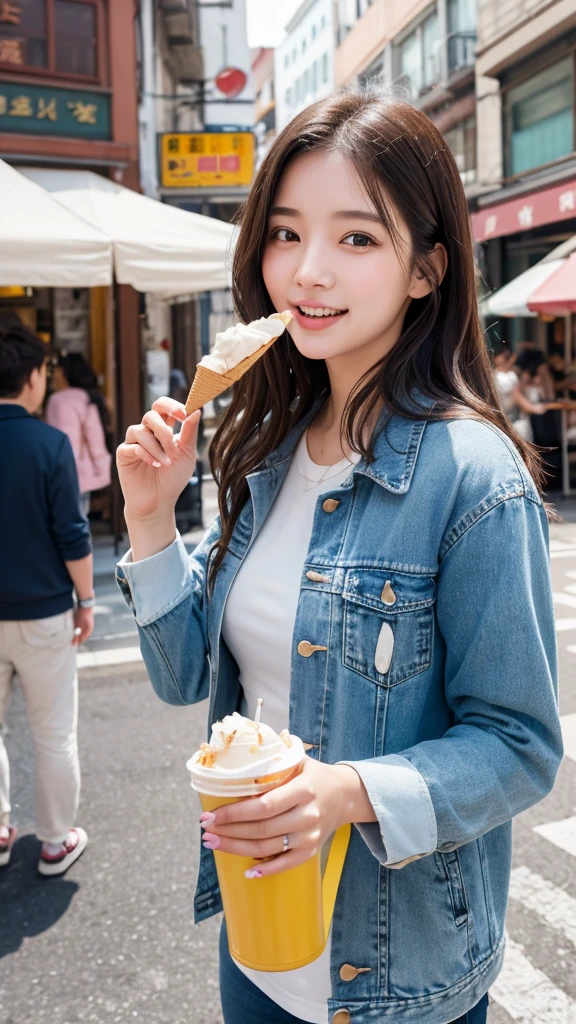 Create a highly detailed image of a young woman enjoying vanilla ice cream。The scene is an urban environment、Possibly set in a busy street or market。The woman is placed in the center、The figure is angled slightly upwards to emphasize the face as he licks the ice cream.。Her characteristics include:、Long dark brown hair with subtle waves、Large, expressive eyes、Includes subtle makeup to accentuate your natural beauty。Her skin is brighter、A healthy flush to the cheeks、Shows excitement or joy。She is wearing a light denim jacket over a white top.、Gives a casual yet stylish impression。Ice cream cone is detailed、Smooth and creamy vanilla ice cream served on a crunchy cone、It is wrapped in pale blue paper with a cute character on it.。In the background there are blurred colorful store fronts and pedestrians.、Capture a lively atmosphere without distracting from the focal subject。Soft natural lighting enhances the warmth and joy of the entire scene.。