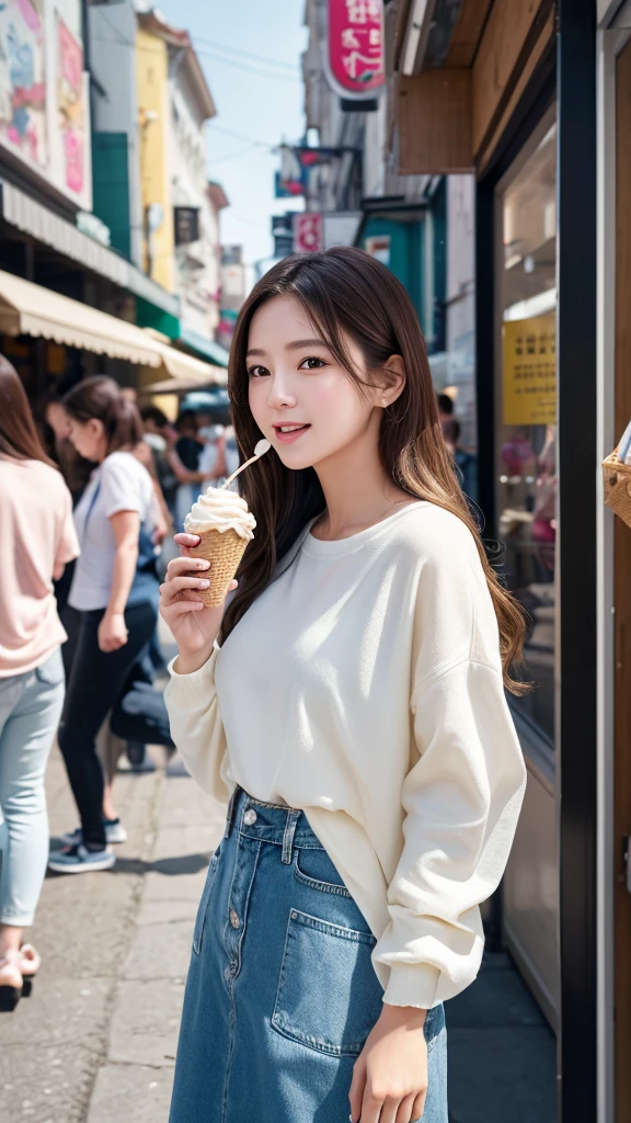 Create a highly detailed image of a young woman enjoying vanilla ice cream。The scene is an urban environment、Possibly set in a busy street or market。The woman is placed in the center、The figure is angled slightly upwards to emphasize the face as he licks the ice cream.。Her characteristics include:、Long dark brown hair with subtle waves、Large, expressive eyes、Includes subtle makeup to accentuate your natural beauty。Her skin is brighter、A healthy flush to the cheeks、Shows excitement or joy。She is wearing a light denim jacket over a white top.、Gives a casual yet stylish impression。Ice cream cone is detailed、Smooth and creamy vanilla ice cream served on a crunchy cone、It is wrapped in pale blue paper with a cute character on it.。In the background there are blurred colorful store fronts and pedestrians.、Capture a lively atmosphere without distracting from the focal subject。Soft natural lighting enhances the warmth and joy of the entire scene.。