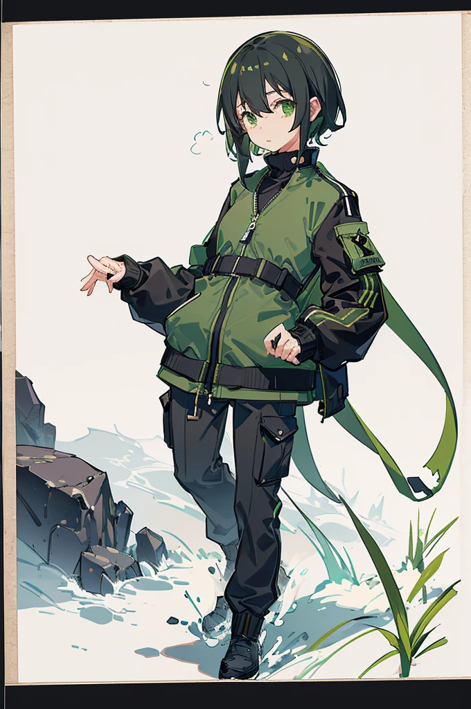 ((Masterpiece, Highest quality)), Detailed face, Black and white,, a girl in a black jacket and green Cargo pants standing, wearing Cargo pants, a green colored bomber jacket, Cargo pants , wearing dark green bomber jacket, black bomber jacket, black rugged clothing, cropped shirt with jacket, black pants, wearing a turtleneck and jacket, a girl wearing a black jacket, bomber jacket, black and green, white and black color scheme ((modern clothes)) Looking at the viewer, looking at the camera,