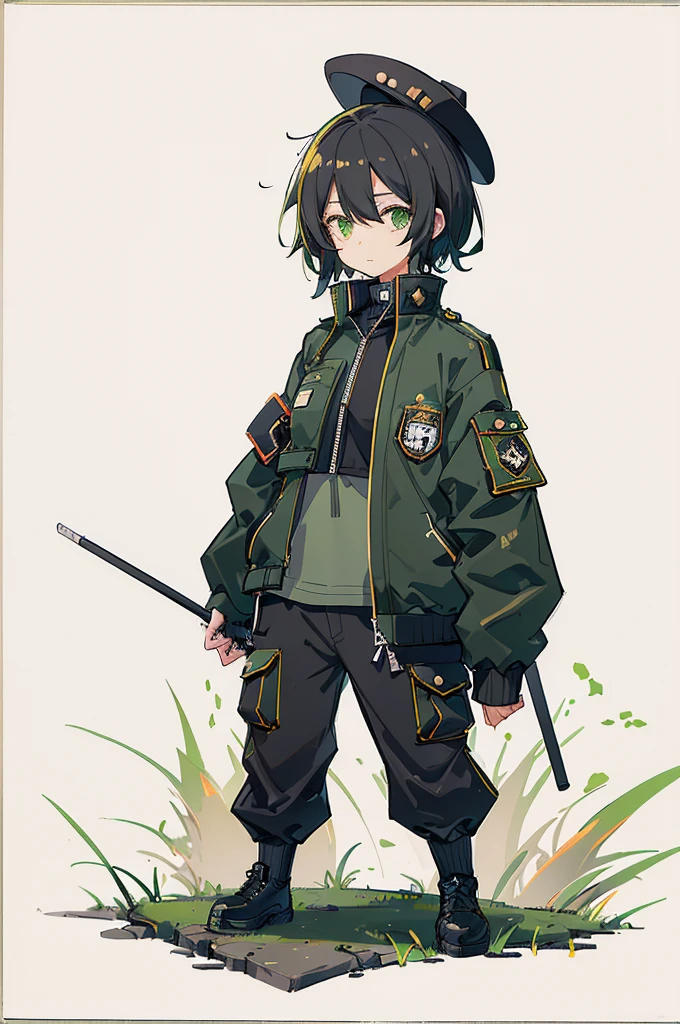 ((Masterpiece, Highest quality)), Detailed face, Black and white,, a girl in a black jacket and green Cargo pants standing, wearing Cargo pants, a green colored bomber jacket, Cargo pants , wearing dark green bomber jacket, black bomber jacket, black rugged clothing, cropped shirt with jacket, black pants, wearing a turtleneck and jacket, a girl wearing a black jacket, bomber jacket, black and green, white and black color scheme ((modern clothes)) Looking at the viewer, looking at the camera,