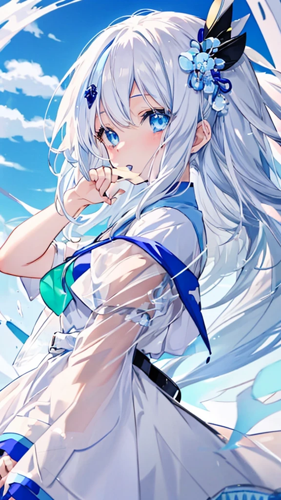 Anime girl with blue eyes and white hair, soft anime illustration, Cute anime face, Girl with white hair, extremely cute anime girl face, with index finger, In an anime style, anime style portrait, pale blue eyes, pale blue eyes!, white  hair, In anime style, anime moe art style, Cerulean blue eyes、1人、girl with、1、top-quality