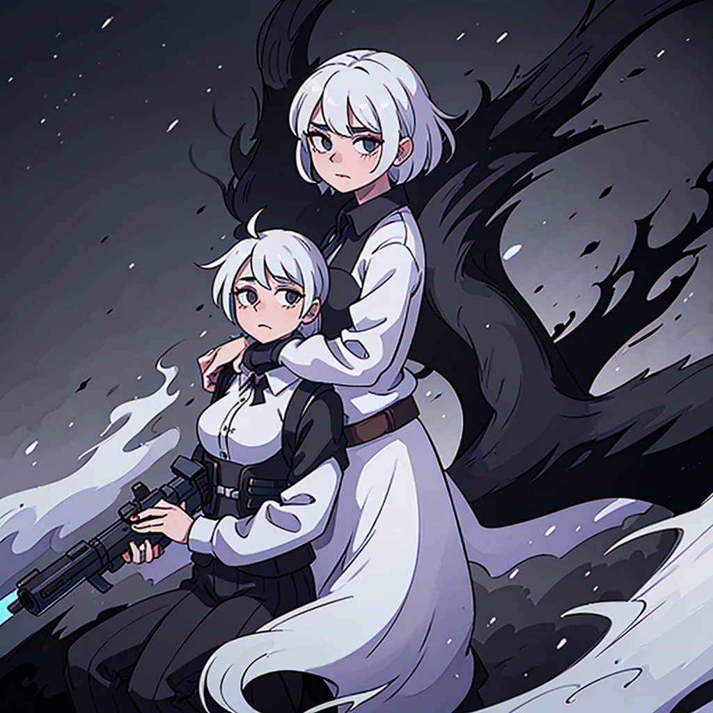 High quality, 4k, hd, white hair, female, holding a gun, demonic eyes, raged shirt, masterpiece, dark background, dark forest background, faint smoke in eyes, looking at viewers 