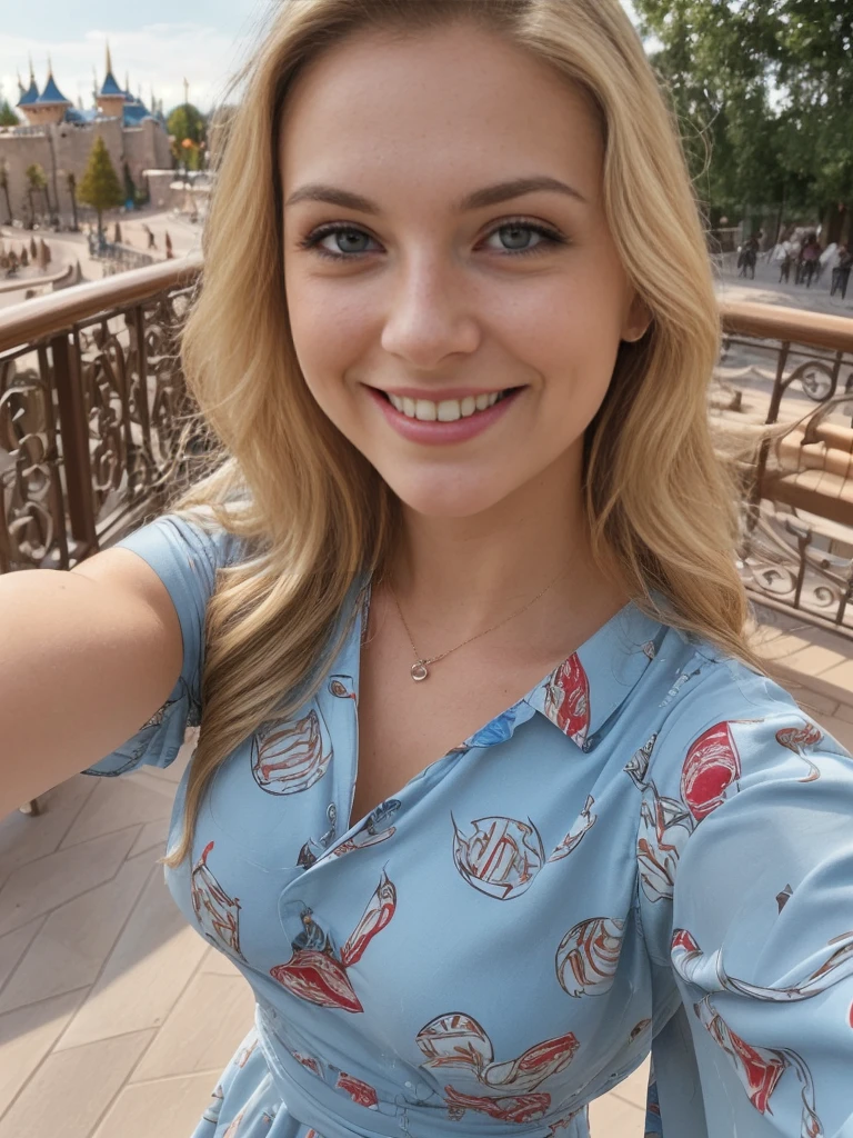 1 girl, solo, ((ugly:1.4)), ((Croatian woman)), sharp image, name is Sauri, (25 years old), (((consistent face and image))), (long blonde wavy hair), (((Croatian face and nose))), (upper body and upper legs)), (slim), (wearing printed classy summer dress), (background: overlooking Disneyland Paris), smiling, ((mature and smirking)), (((selfie shot))), wide shot