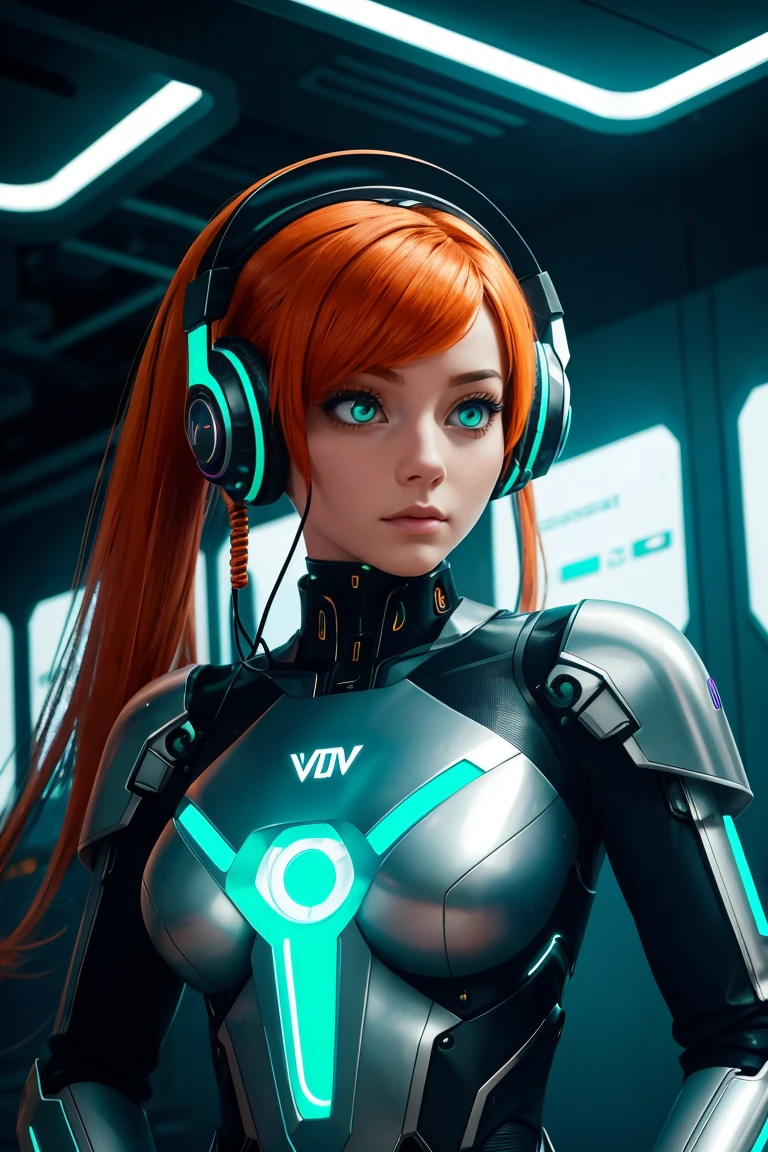 A woman who is half-robot, with striking orange hair and vivid green eyes, listening to music through headphones. She stands in a futuristic setting with neon lighting that highlights the metallic elements of her robotic features. Her headphones are sleek and modern, fitting comfortably over her ears, and she seems lost in the music. The scene captures the blend of human and machine, with her vibrant hair and expressive eyes contrasting against the cold, metallic parts of her body on eye level, scenic, masterpiece.