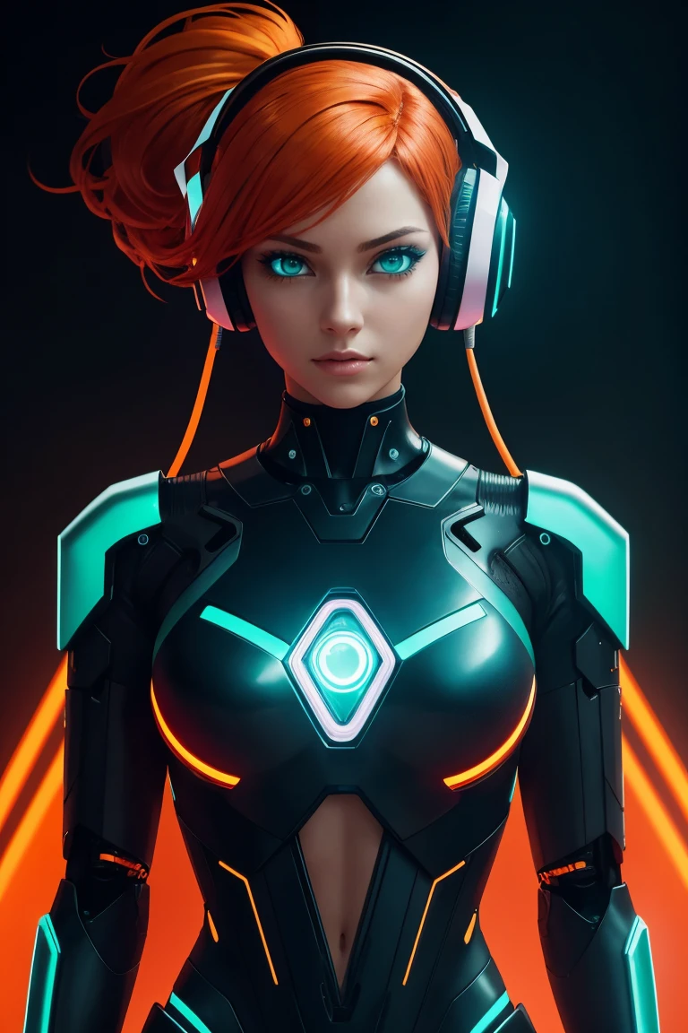 A woman who is half-robot, with striking orange hair and vivid green eyes, listening to music through headphones. She stands in a futuristic setting with neon lighting that highlights the metallic elements of her robotic features. Her headphones are sleek and modern, fitting comfortably over her ears, and she seems lost in the music. The scene captures the blend of human and machine, with her vibrant hair and expressive eyes contrasting against the cold, metallic parts of her body on eye level, scenic, masterpiece.