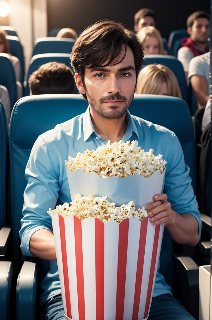 Man in cinema holding bucket of popcorn written "telefun" not bucket