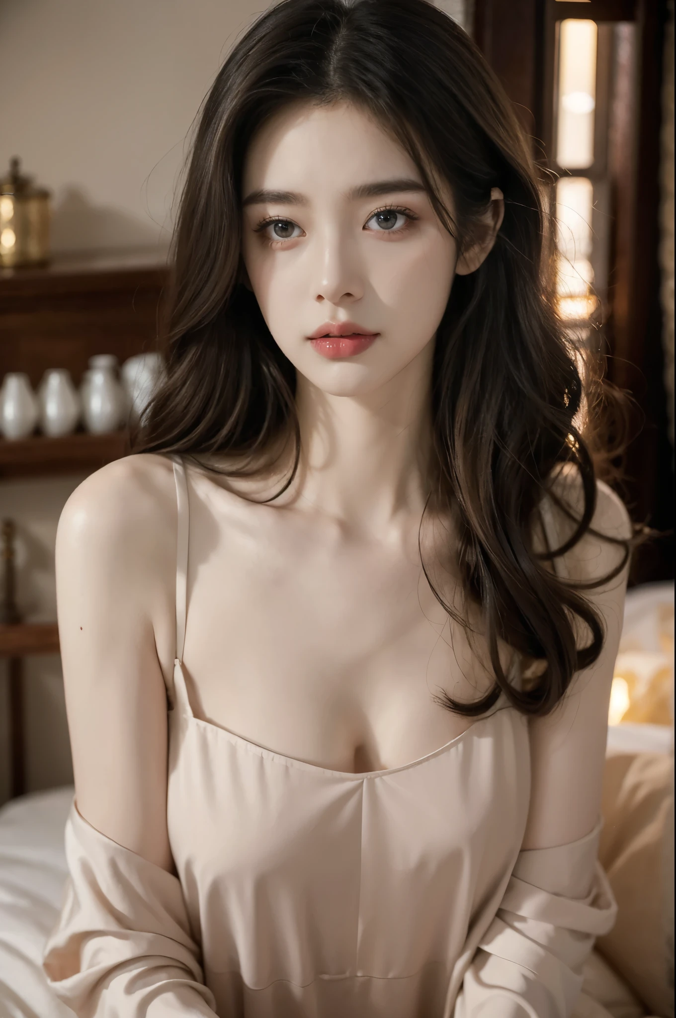 (((best quality))), (((ultra detailed))), (((masterpiece))), illustration,a beautiful girl,solo,slim,thin,messy hair,medium straight bob hair,sitting on the bed,in a bedroom,halter lace nightgown, deep in thought, dimly lit room, soft glow of a digital clock, dark curtains, seclusion and introspection, disheveled hair, shadowed eyes, sleeplessness, delicate features, fragile beauty, pale skin, rouge on cheeks, heavy atmosphere, silence, soft hum of a refrigerator, woman's expression of deep contemplation, searching eyes, capturing the essence of struggle, vulnerability,beauty in the night,