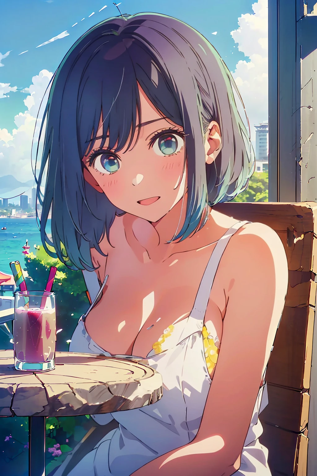 (Highest quality:1.4、8K:1.4、detailed)、F cup bust、Big Breasts、Slim body、Very white beautiful skin、((((1 person、Surprised expression、sit、Chair、In the background are the urban buildings of Tokyo、looking at the camera、Outdoor café terrace、coastal、Navy hair color、juice、Shooting up close、table、Very cute face))))、((((nude、Areola、小さなビキニがBig Breastsがはみ出る))))、(Pose with hair tucked behind ears with both hands:1.4)、Very blue sky、A completely cloudless sky