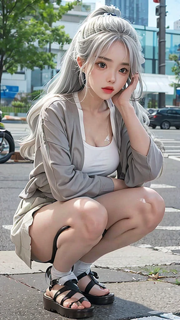 1girll),Squat on the ground to defecate,There is also feces and liquid on the ground,There are also liquids,Urine can be seen,大腿上There are also liquids,Between the legs facing the camera,Details can be seen on the inner thigh,(breast-feeding)()(),Conker,Moisturizes the skin,sweatyskin,Wavy white hair,Gray hair, gray hair,White hip-wrapped skirt