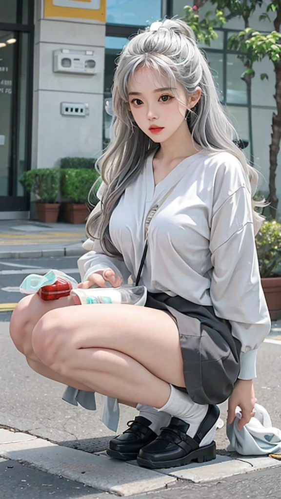 1girll），Squat on the ground to defecate，There is also feces and liquid on the ground，There are also liquids，Urine can be seen，大腿上There are also liquids，Between the legs facing the camera，Details can be seen on the inner thigh，（breast-feeding）（）（），Conker，Moisturizes the skin，sweatyskin，Wavy white hair，Gray hair, gray hair，White hip-wrapped skirt