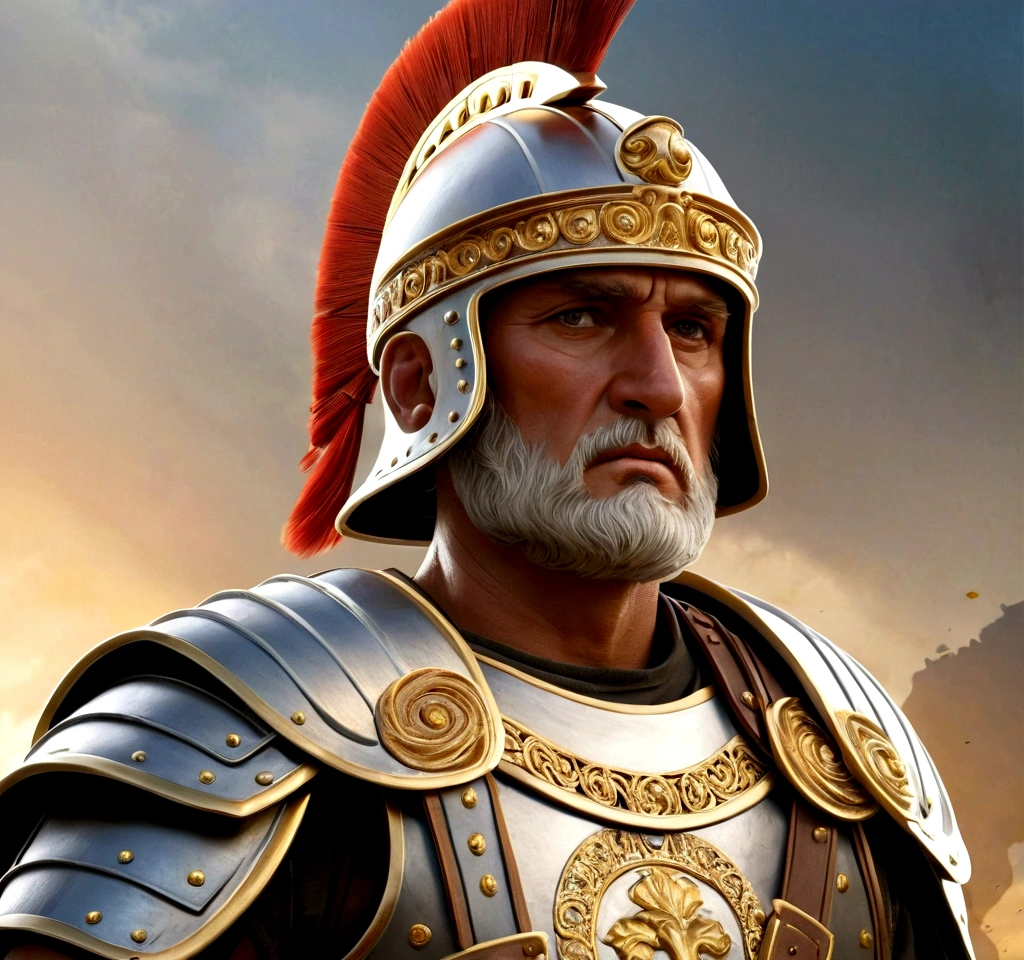 The painting depicts Pompey the Great, the esteemed Roman general and statesman, the focus is primarily on his face, highlighting his noble and weathered features, his eyes express wisdom and determination, his nose is prominent and straight, his mouth firm with thin lips, his hair is short and curly, now streaked with gray, his expression is serious, reflecting the authority and gravity of his responsibilities, lines and wrinkles mark his forehead and around his eyes, indicating his age and the burdens he has borne, Pompey is wearing an ornate Roman helmet, made of bronze and decorated with intricate details, an impressive red crest atop the helmet adds an air of grandeur, the lower part of the helmet covers his cheeks, leaving only his face visible, the helmet reflects the light, standing out against the darker background, his shoulders are protected by a leather armor reinforced with metal, typical of Roman generals.
In his right hand, Pompey holds a gladius, the traditional Roman sword, its blade gleaming with sharp precision, the hilt is intricately designed, indicating his high status. The light softly hits the right side of his face and sword, creating a play of shadows that enhances his resolute expression.
In the background, the Battle of Pharsalus unfolds, a chaotic and intense scene painted with meticulous detail, soldiers clash with swords and shields, the dust of battle rising into the air, creating a hazy backdrop, banners and standards are visible amidst the fray, adding to the sense of historical realism, the sky above is dark and tumultuous, mirroring the intensity of the battle below.
The background contrasts with Pompey's composed and focused demeanor, his direct and penetrating gaze seems to pierce through the canvas, giving the artwork a sense of realism and power, the style reflects Renaissance influences, with attention to anatomical accuracy and the use of chiaroscuro to create depth and volume, adding a timeless quality to the portrayal o