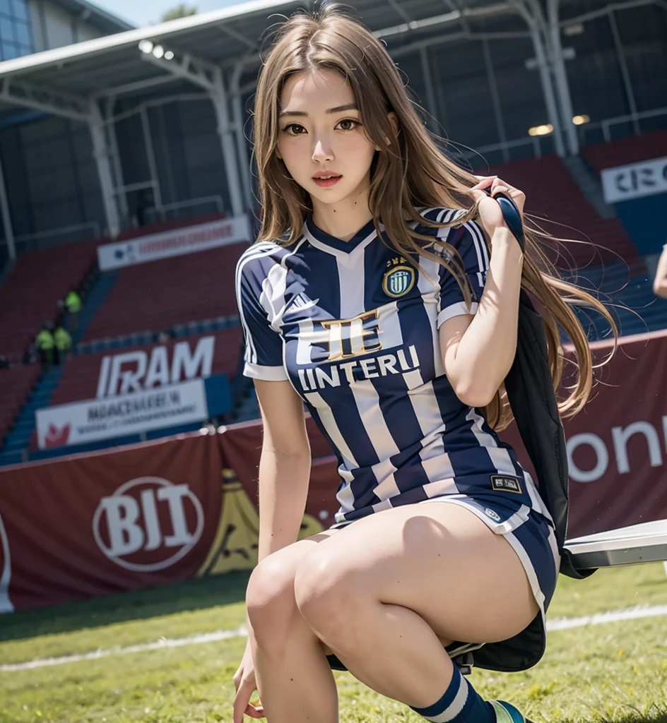 Beautiful woman with long hair wearing real Inter Milano shirt、Soccer Field