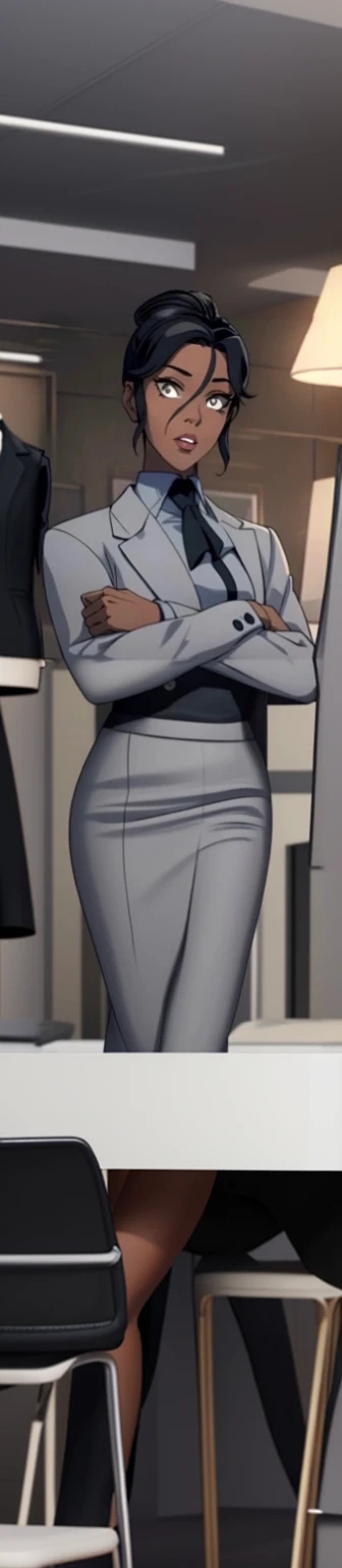 Black skinned business women in a grey skirt suit