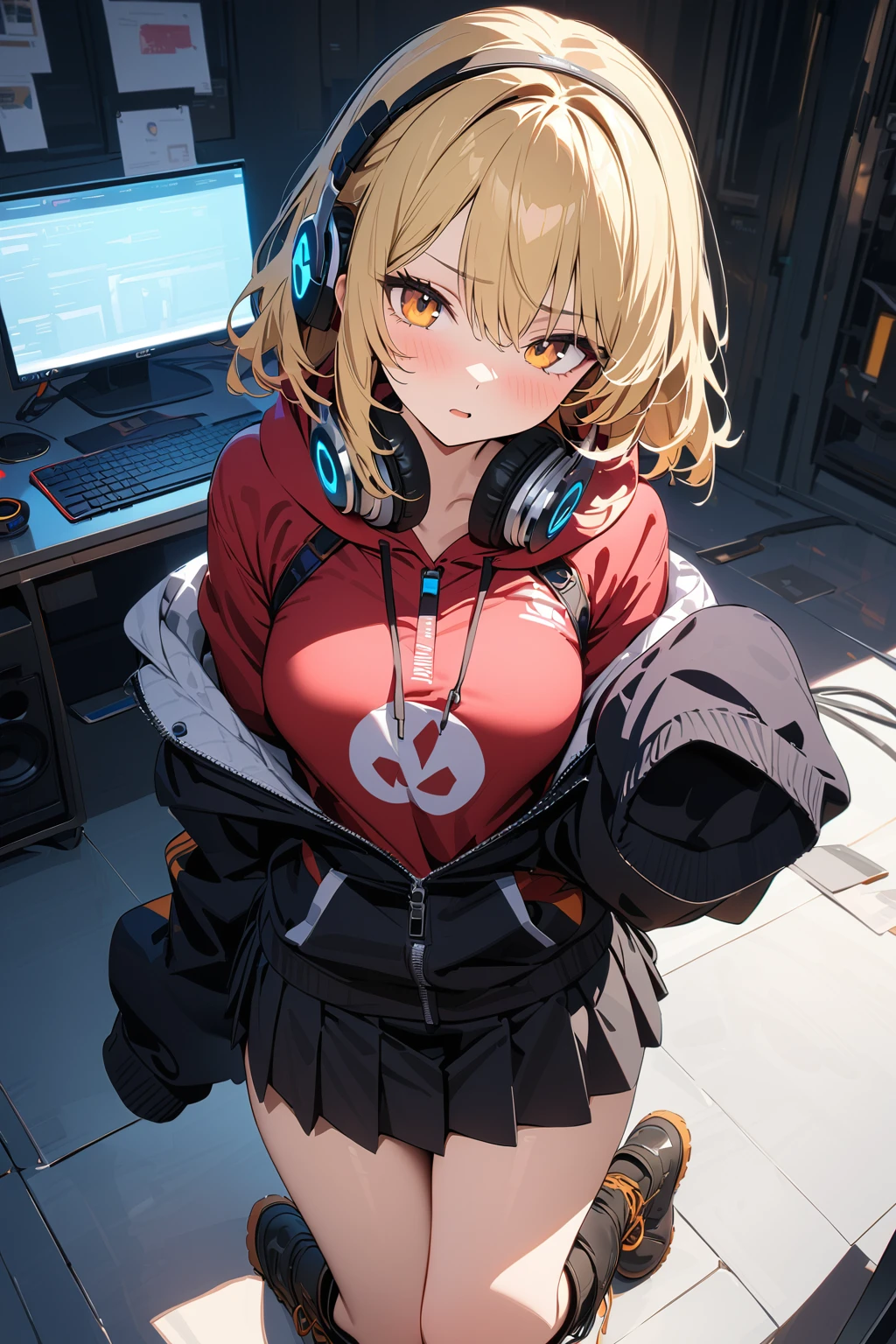 (masterpiece, best quality:1.5), (ultra detailed, high resolution, 8k, beautiful detailed, UHD, best anatomy), 1 cute girl, blonde hair, medium breasts, sleeves past fingers, Flared skirt, boots, blank expression, headphone, Hoodie