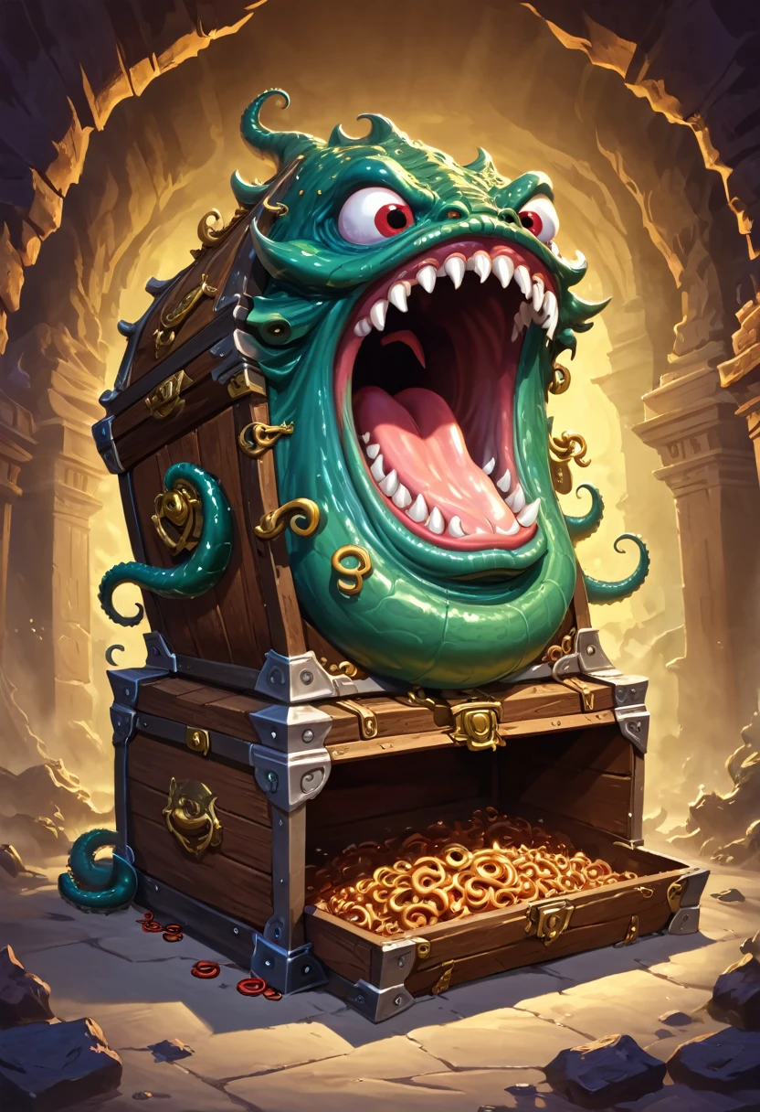 pulp fantasy art, treasure chest full of gold,ogre,gorgon, <lora:EnvyPulpFantasyXL01:1:1:lbw=ALL>