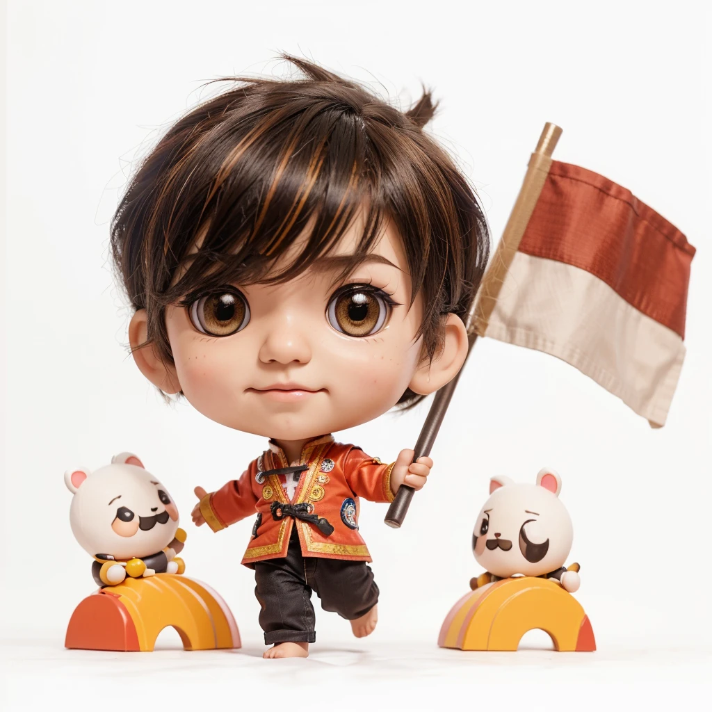 Generate a cute and adorable chibi character, 3d character, male, random hair style, indonesian local outfit, random eye color, happy  expression, random profession, toy, doll, white background, character print, random camera view, full body, natural light, random pose, medium movement, perfect cinematic lighting, perfect composition, creative theme, vibrant colors.
