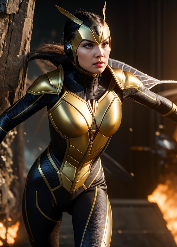 1girl, wasp queen woman, superhero wasp costume, attack pose, stinger sticking out of back, sharp forearm blades, detailed eyes, detailed lips, hyperrealistic, cinematic lighting, dramatic atmosphere, highly detailed, sharp focus, 8k, unreal engine, octane render, photorealistic, hyper detailed, 3d render, concept art style