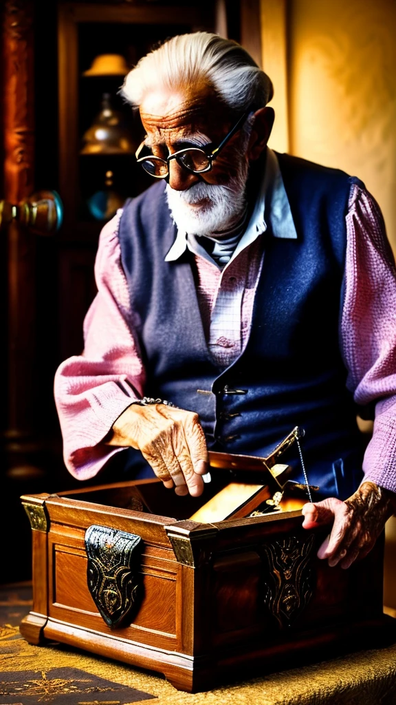 a very old man opening a mimic treasure chest, highly detailed, extremely realistic, dramatic lighting, cinematic composition, rich colors, volumetric lighting, chiaroscuro, dramatic shadows, intricate textures, photo-realistic, 8k, highest quality, masterpiece