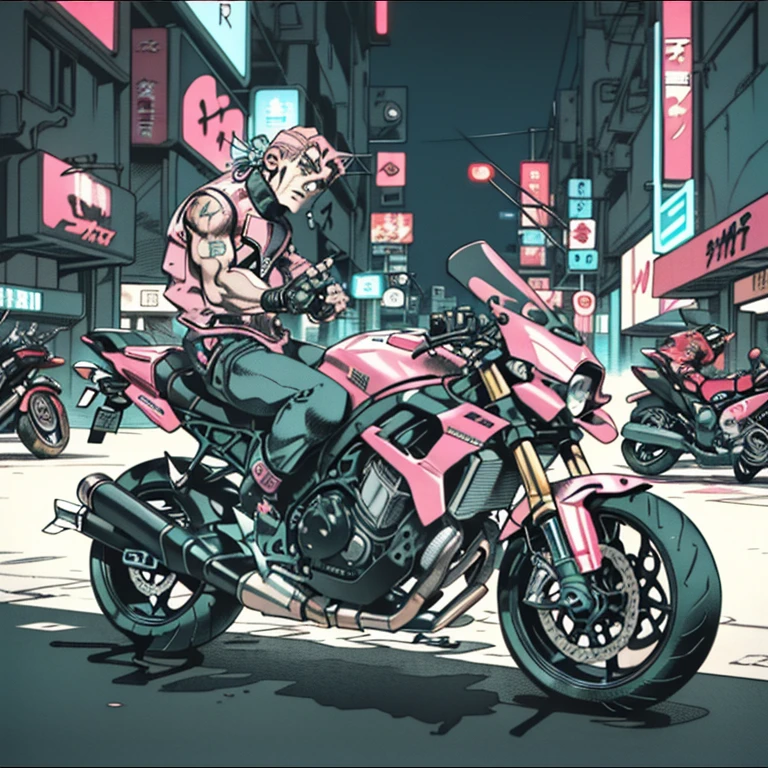 Motorcycle shop(Sitting on a pink motorcycle, sitting on cyberpunk motorbike, akira motorcycle, Hatsune Miku Cosplay, riding a futuristic motorcycle, akira's motorcycle,pink theme, cyberpunk anime, akira motorcycle, Mikudayo, cyberpunked, anime art vehicle concept art,nightcity、background of night view) logo, vector, Line art, design, Inspired, straight,